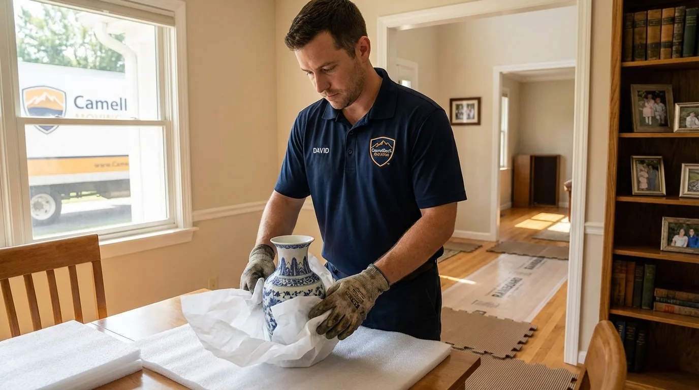 Professional crew carefully wrapping antique vase for senior downsizing move in Rockwood, TN